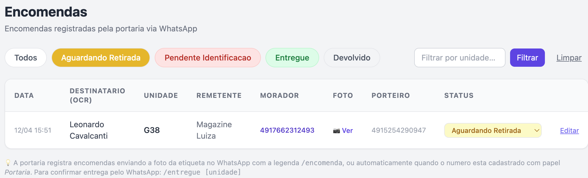 Painel admin: controle de encomendas