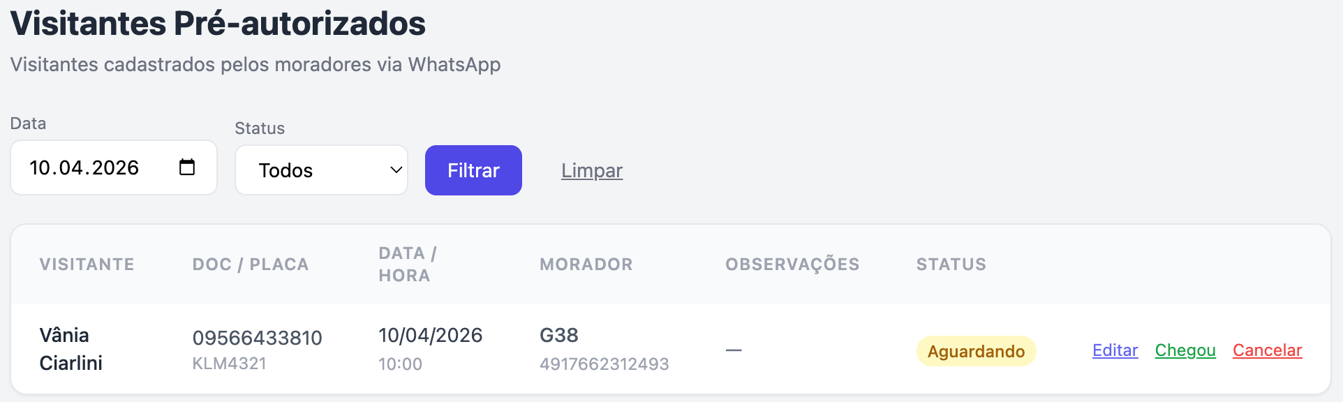 Painel admin: visitantes pré-autorizados