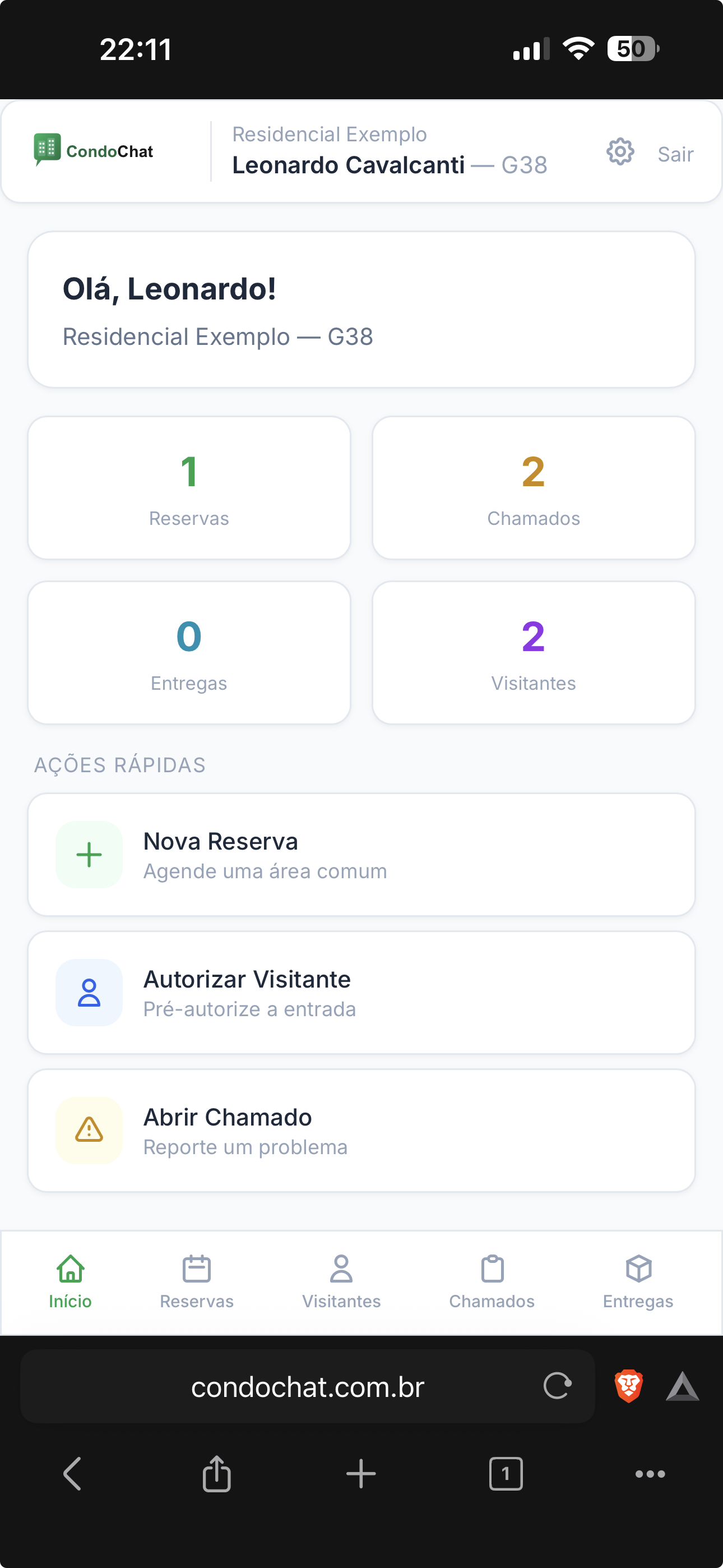 Portal do morador: tela inicial com reservas e chamados
