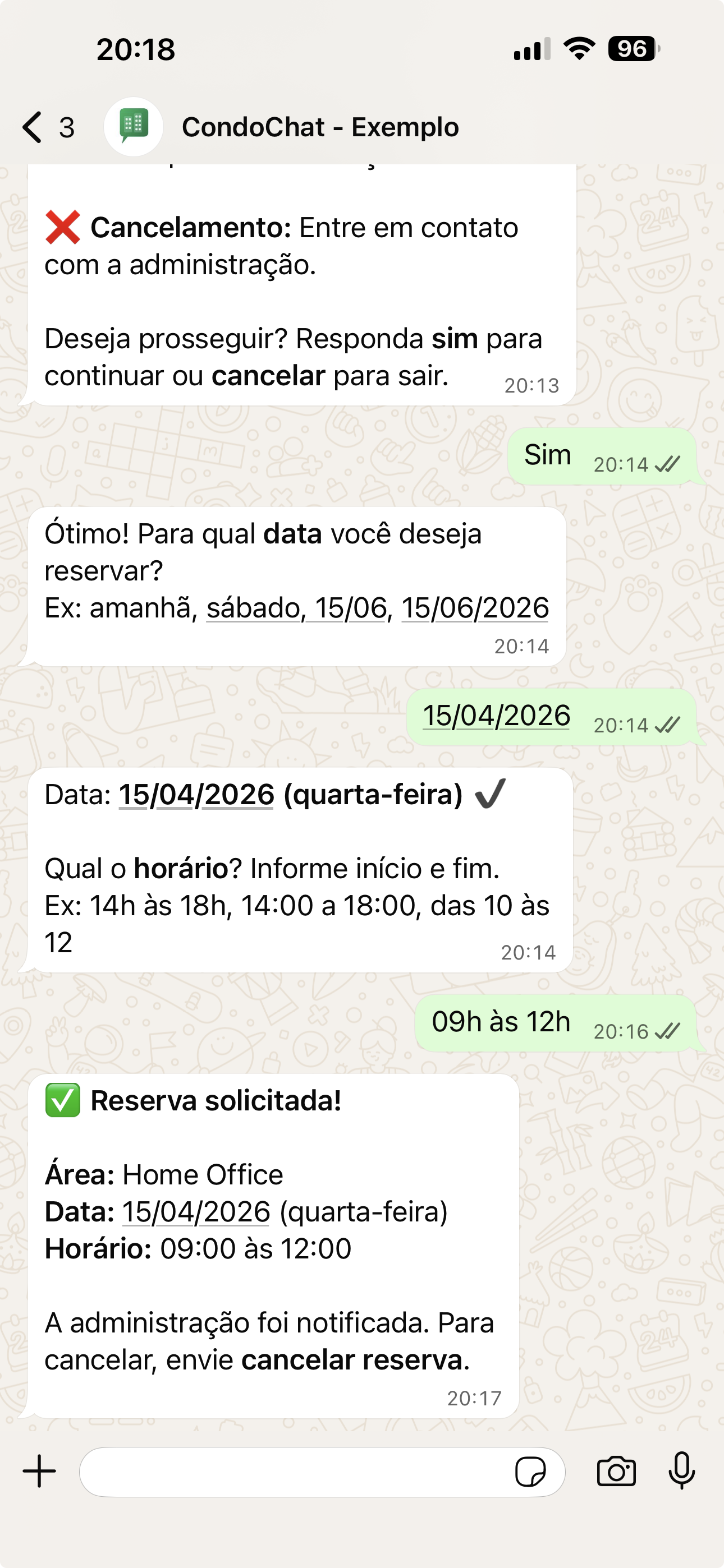 Reserva de área comum confirmada via WhatsApp