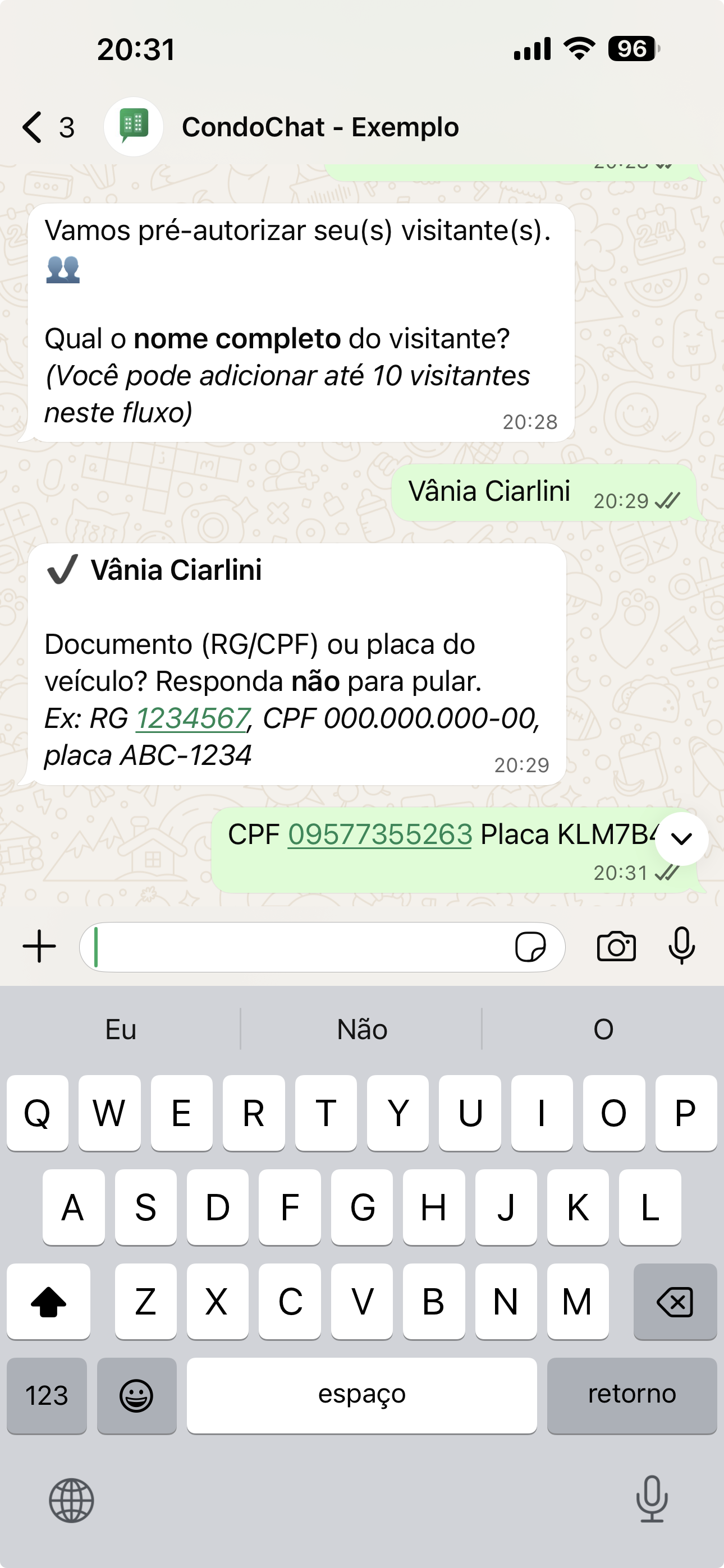 Pré-autorização de visitante via WhatsApp — nome e documento