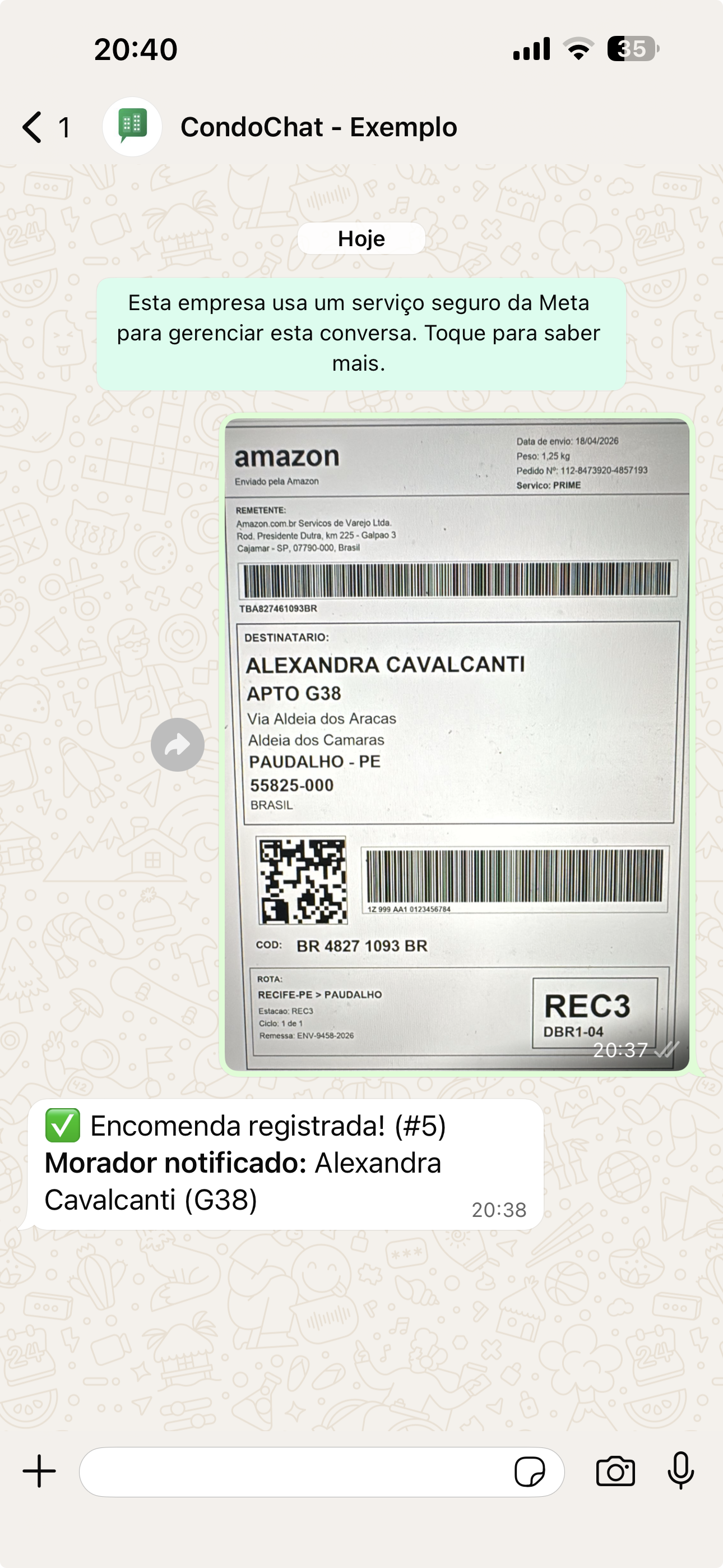 Portaria registra encomenda enviando foto da etiqueta no WhatsApp — sistema identifica o morador automaticamente