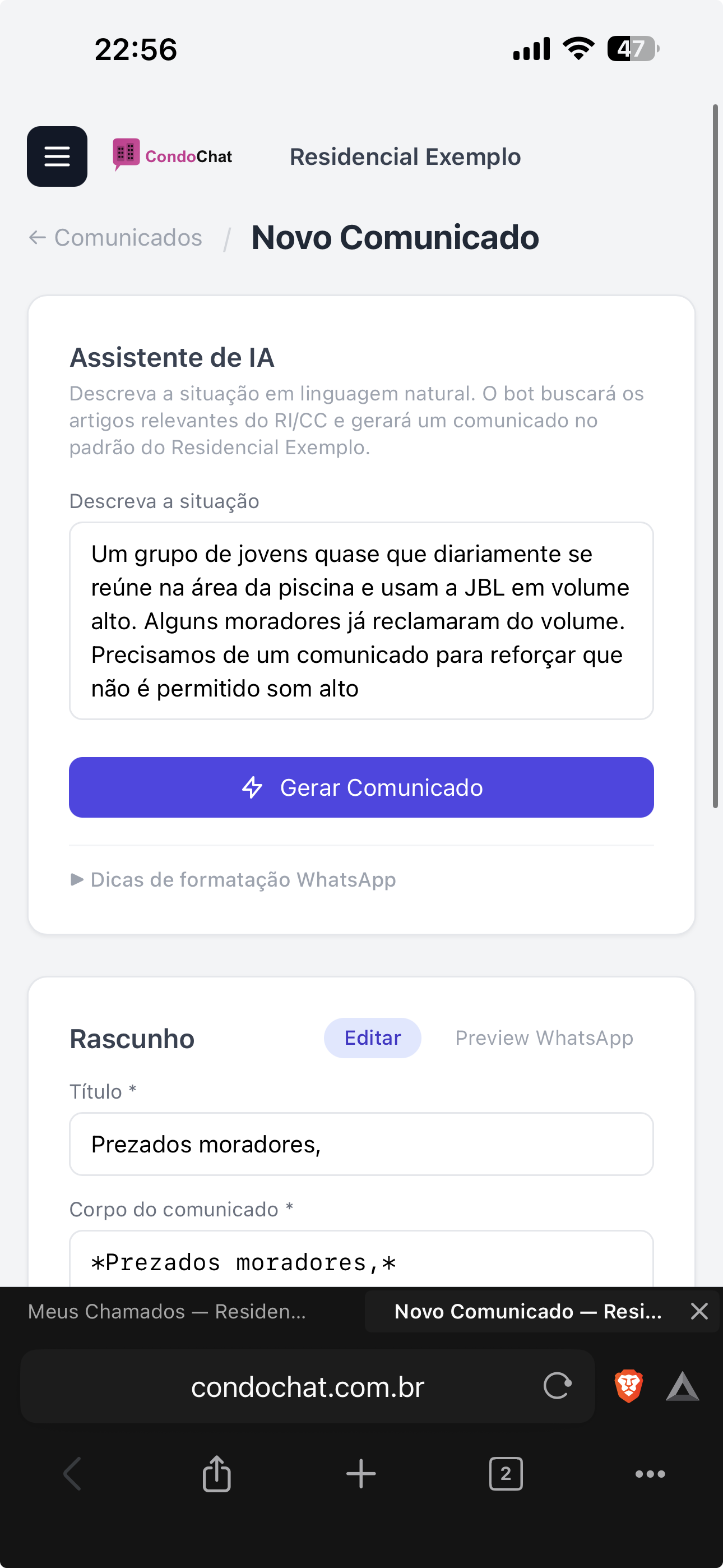 Assistente de IA no painel com campo para descrever a situa&ccedil;&atilde;o