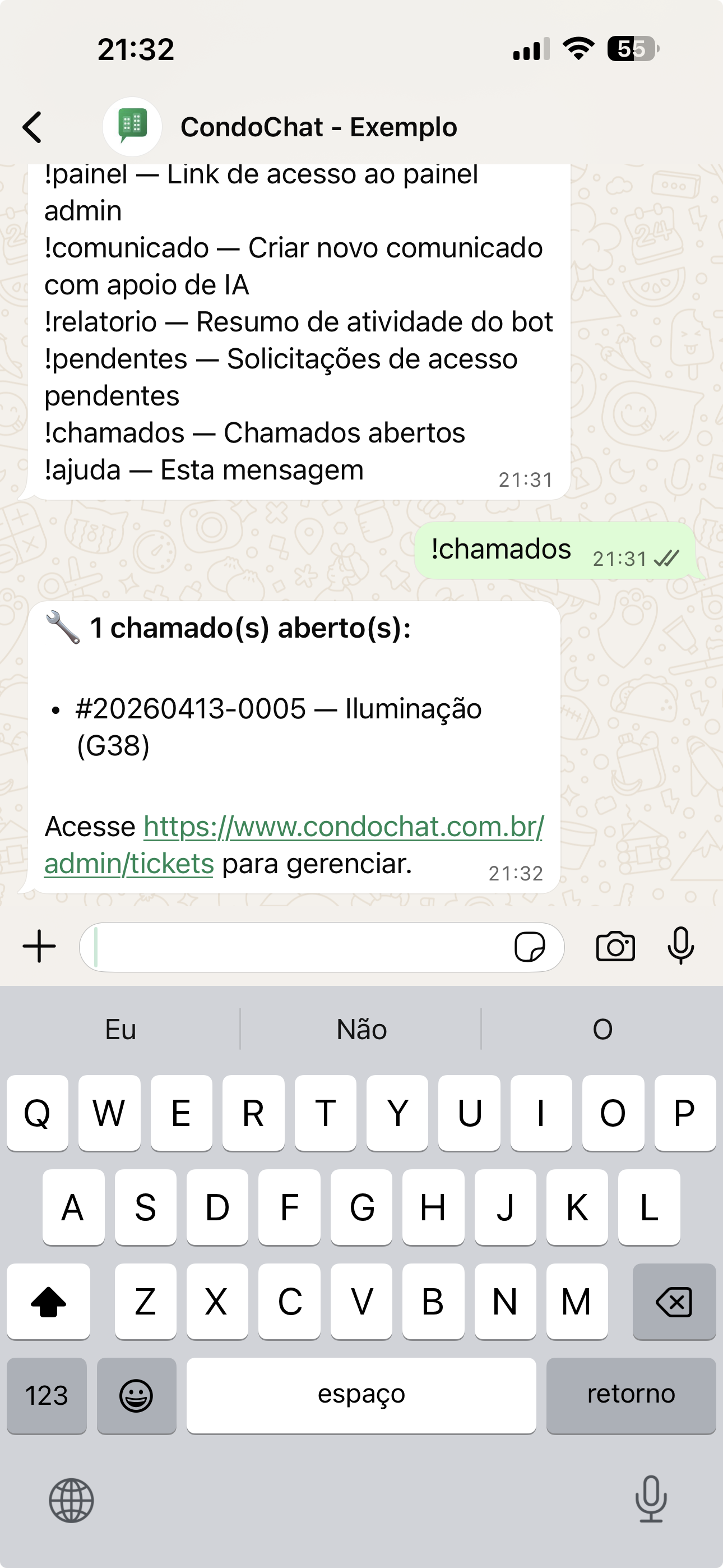 Resposta real do bot ao comando !chamados